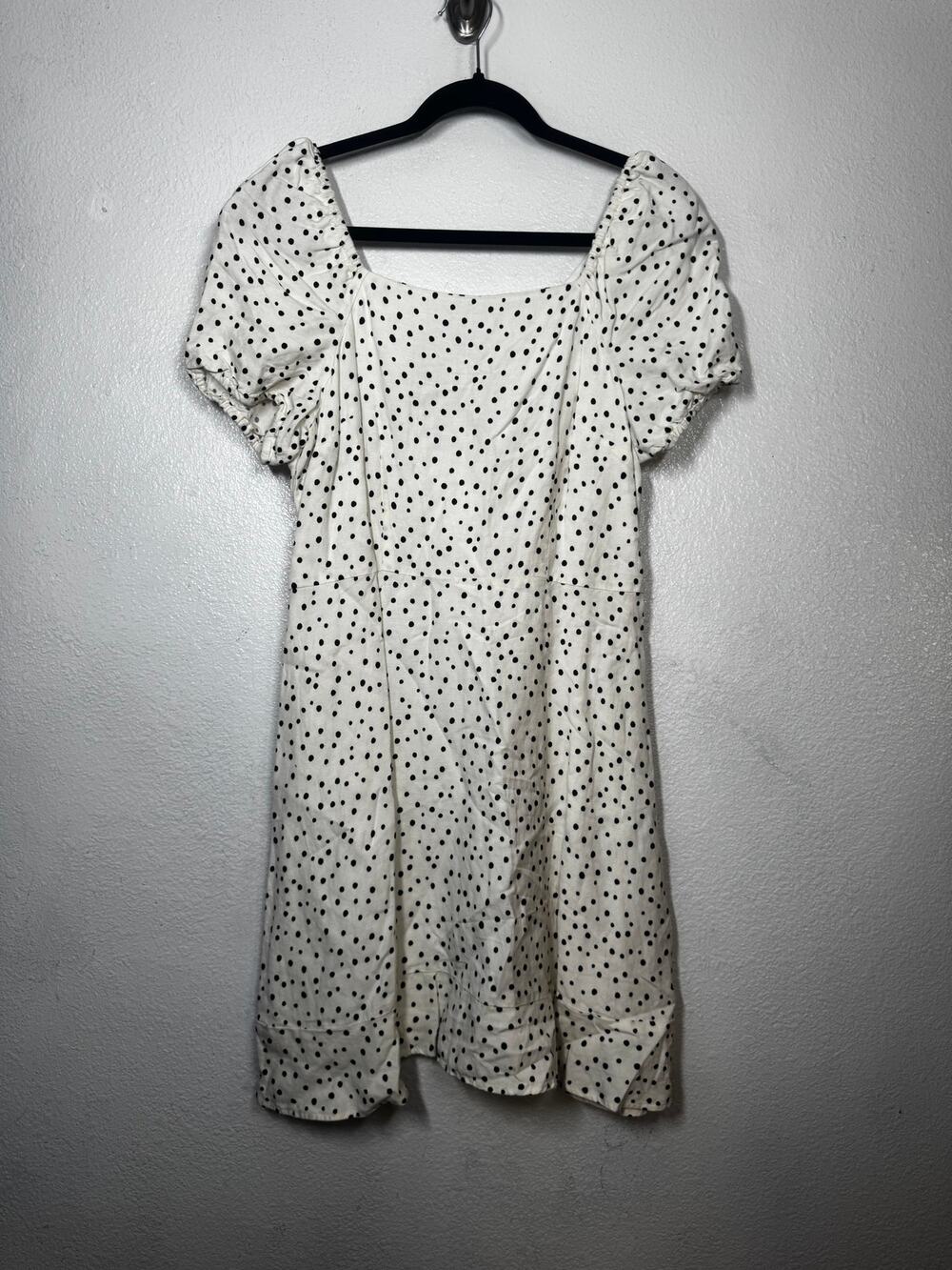 Loft Linen Dress White Black Square Neck Polka Dot Tie Back Zip Puff Sleeve Sz 8